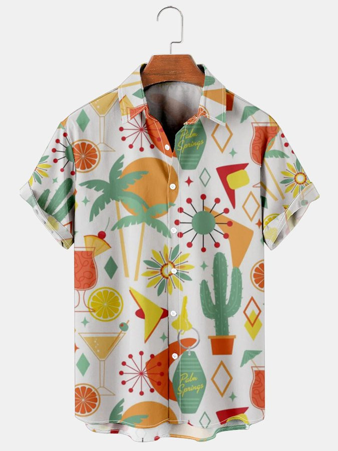 Mens Hawaiian Shirt Holiday Geometric Coconut Tree Print Short Sleeved Shirt  For Couples