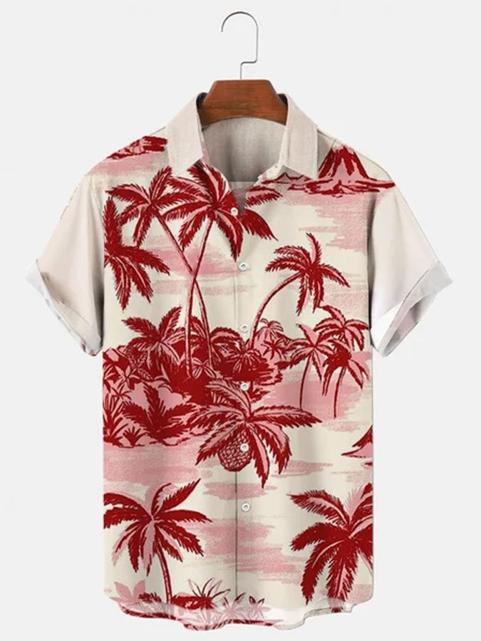 Mens Hawaiian Shirt Red Beach Cotton-Blend Palm Tree Shirts  Tops