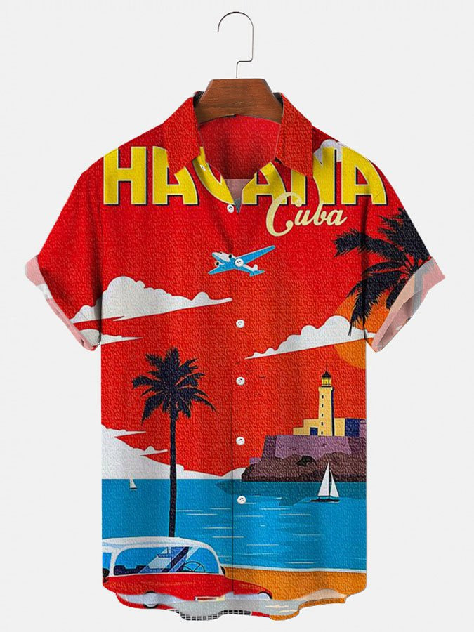 Mens Hawaiian Shirt Red Cotton-Blend Beach Natural Landscape Shirts  Tops