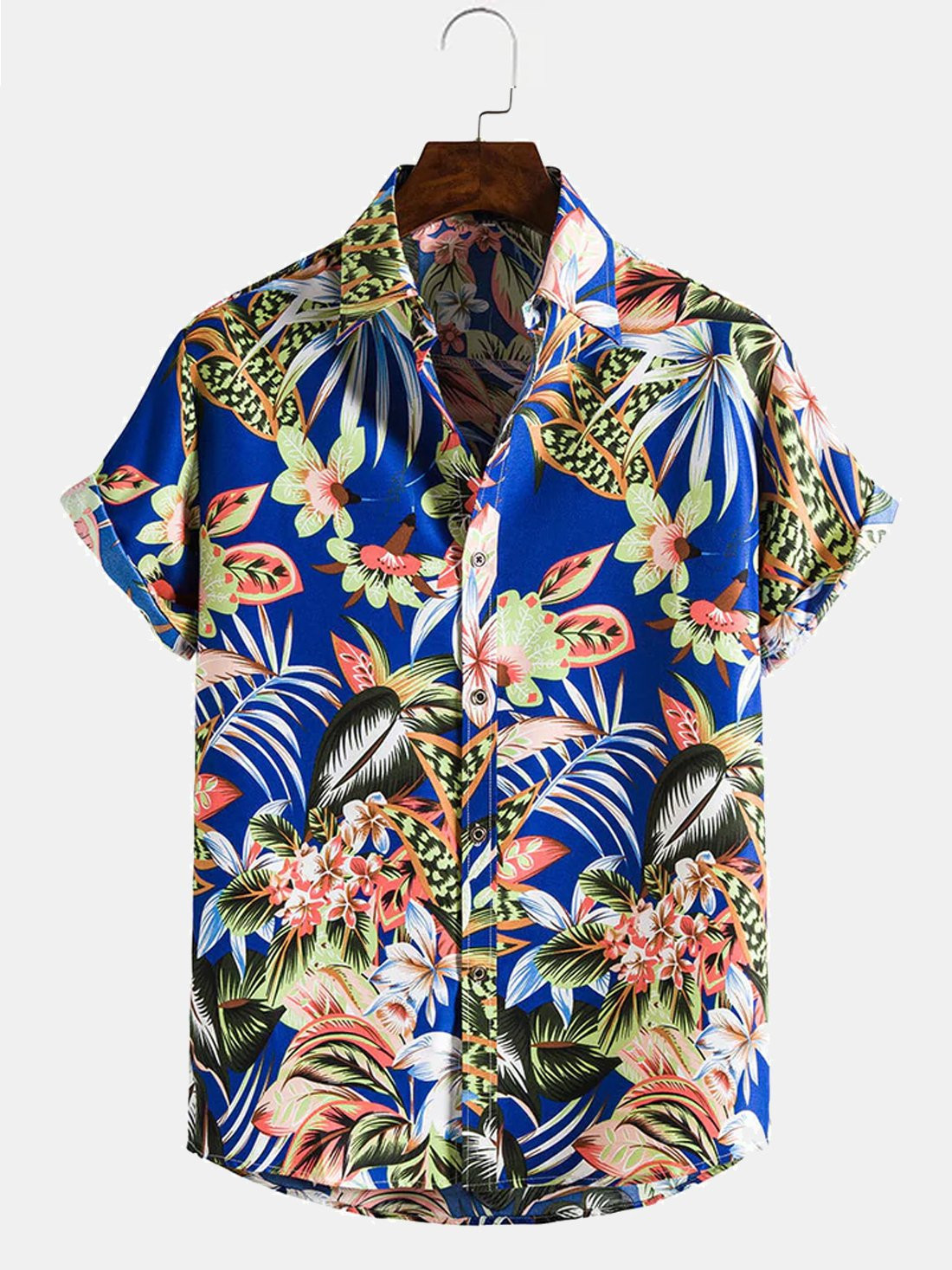 Mens Hawaiian Shirt Tropical Floral Print Blue Cotton Blend Short Sleeve Shirt