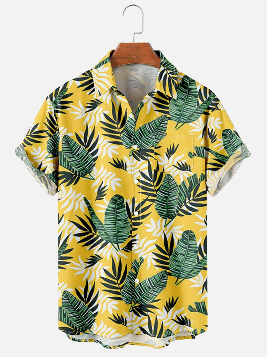 Mens Hawaiian Shirt Tropical Leaves Print Casual Chest Pocket Short Sleeve Shirts For Couples