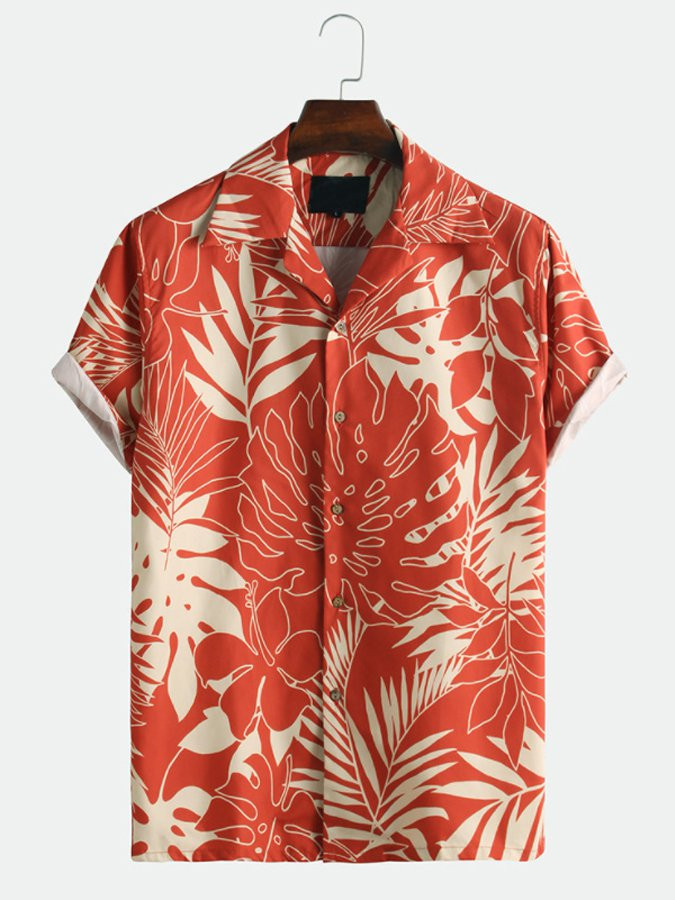 Mens Hawaiian Shirt Tropical Plant Leaf Print Red Cotton Blend Short Sleeve Shirt for Couples