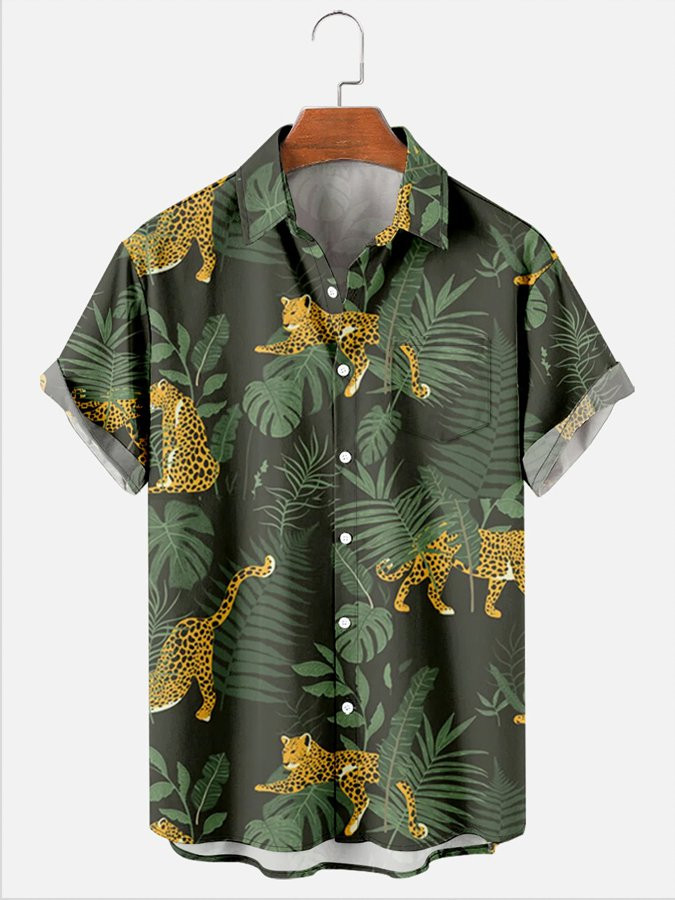 Mens Hawaiian Shirt Tropical Plant Leopard Print Short Sleeve Cotton Blend Short Sleeve