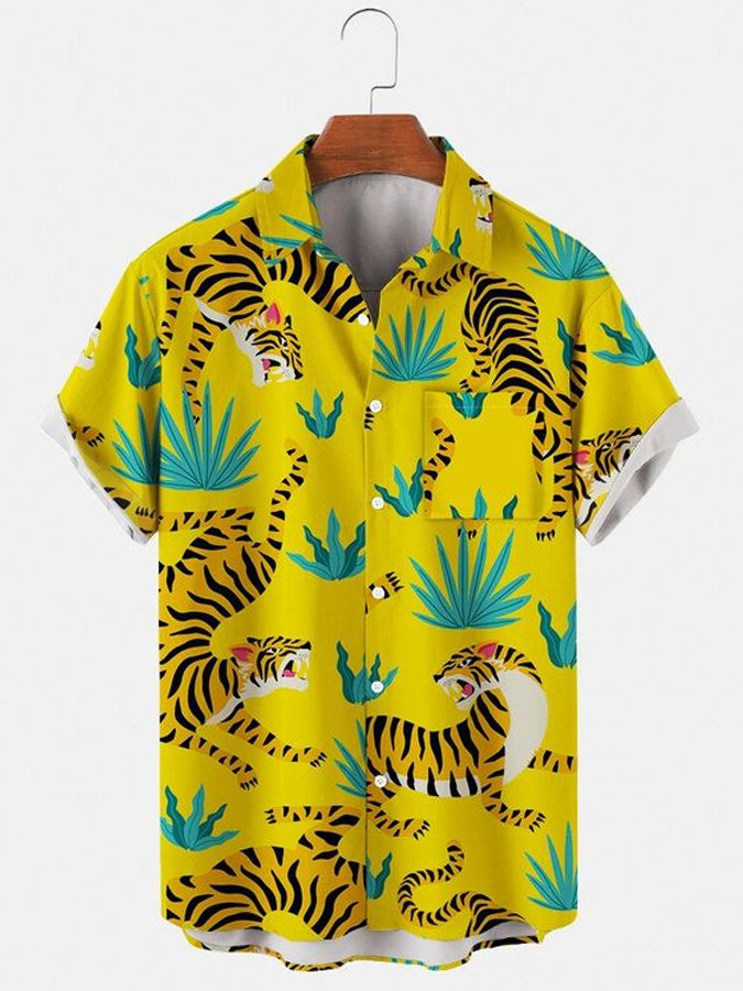 Mens Hawaiian Shirt Tropical Plant Tiger Print Short Sleeve Cotton Blend Short Sleeve