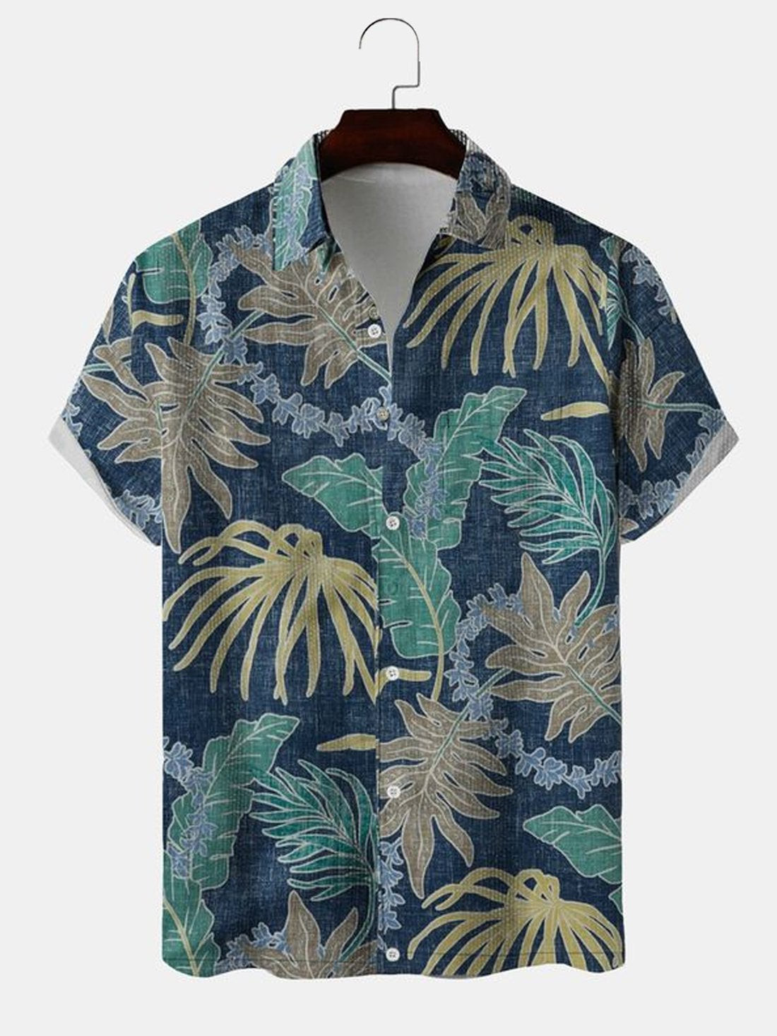 Mens Hawaiian Shirt Vacation Fern Blue Cotton Blend Short Sleeve Shirt