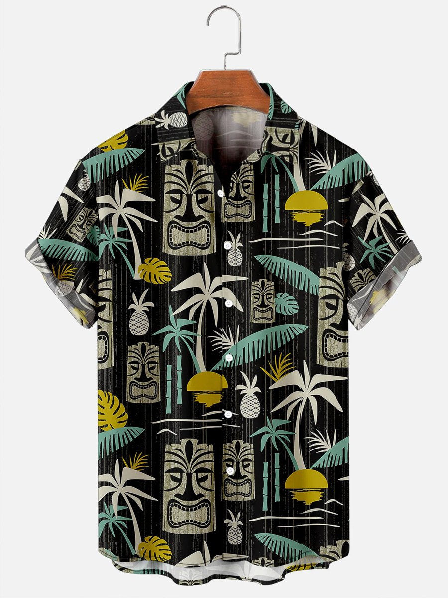 Mens Hawaiian Shirt Vacation Island Tiki Tan Tropical Coconut Tree Pattern Short Sleeve Shirt For Couples