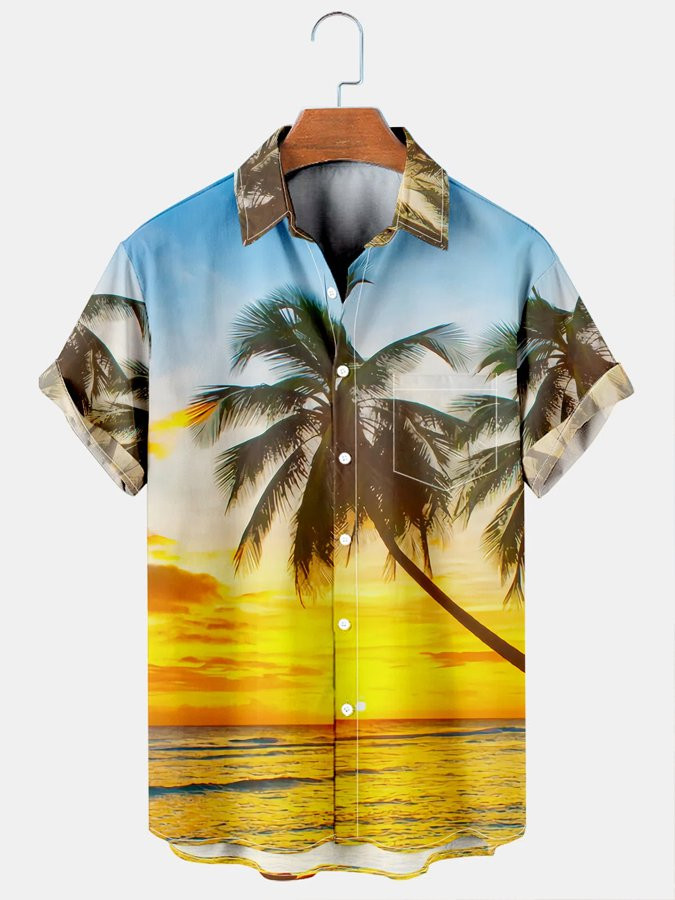 Mens Hawaiian Shirt Vacation Leisure Plant Elements Coconut Tree Pattern Cotton-Blend Short Sleeve Shirt For Couples