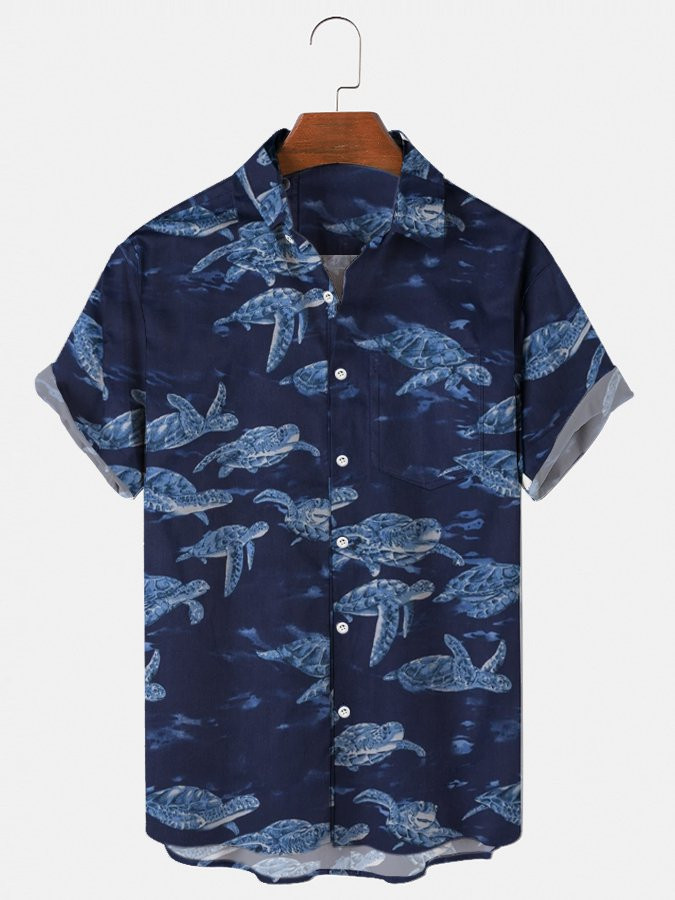 Mens Hawaiian Tropical Sea Turtle print Shirt Aloha Beach Plant Blouse