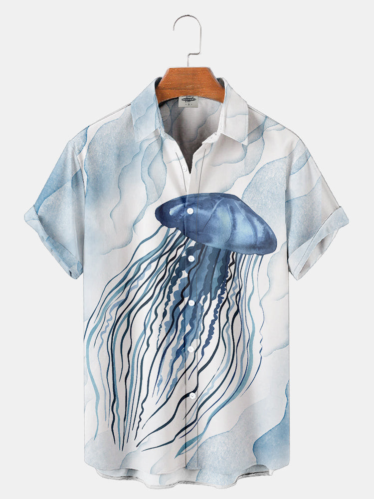Mens Jellyfish Print Hawaiian Shirt Summer Hawaiian