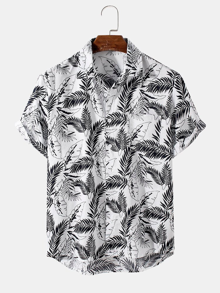 Mens Leaves Printed Hawaiian Shirt Short Sleeve Casual Loose Top