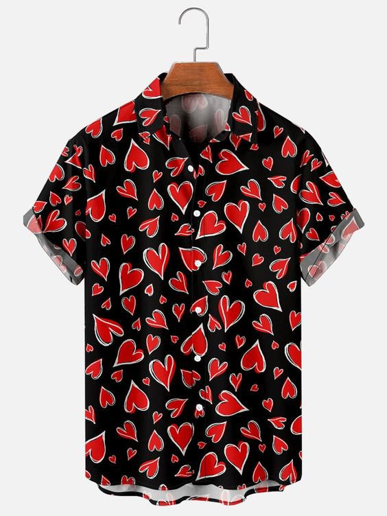 Mens Love Printed Hawaiian Shirts Cotton-Blend Valentines Short Sleeve Tops