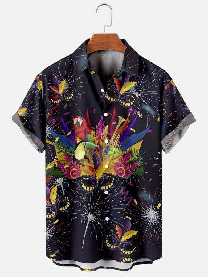 Mens Mardi Gras Carnival Masks Print Black Casual Cotton-Blend Short Sleeve Hawaiian Shirts