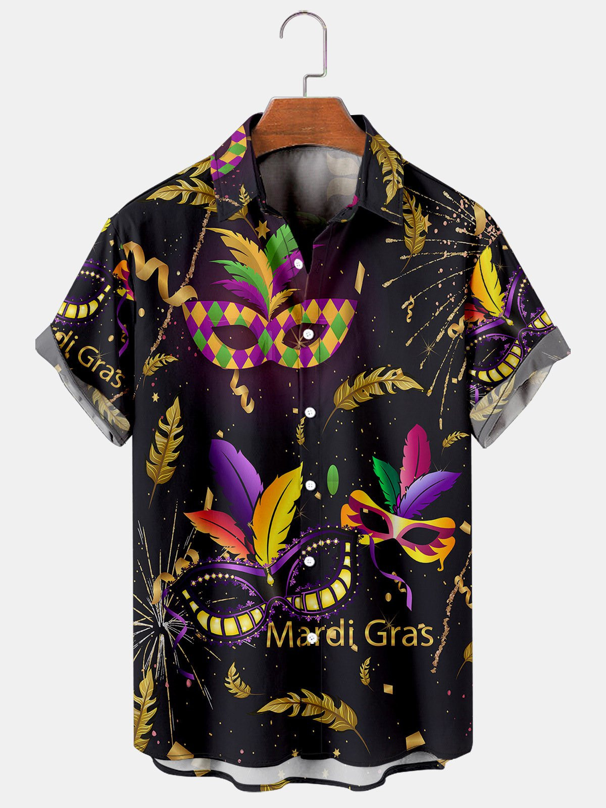 Mens Mardi Gras Mask Fireworks Print Cotton Blend Short Sleeve Hawaiian Shirt