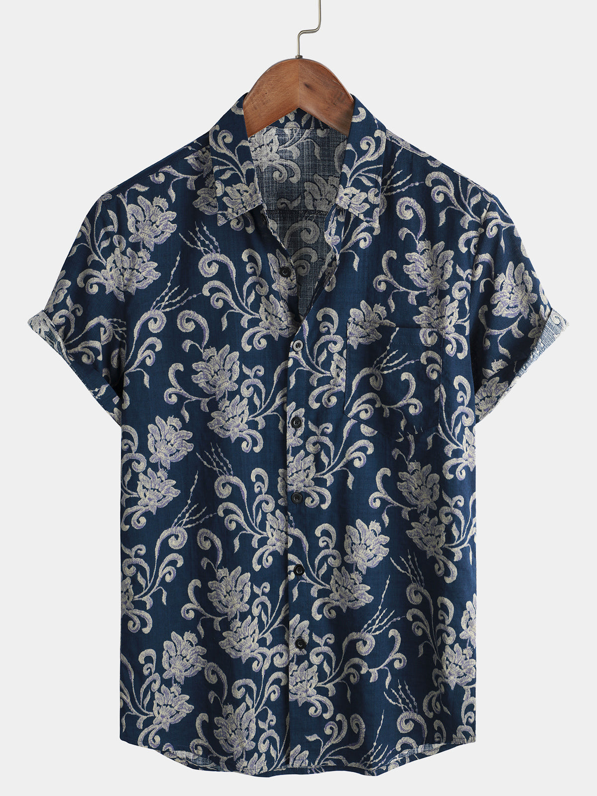 Mens Navy Blue Flower Print Pocket Short Sleeve Holiday Shirt Hawaiian Shirt for Men Women