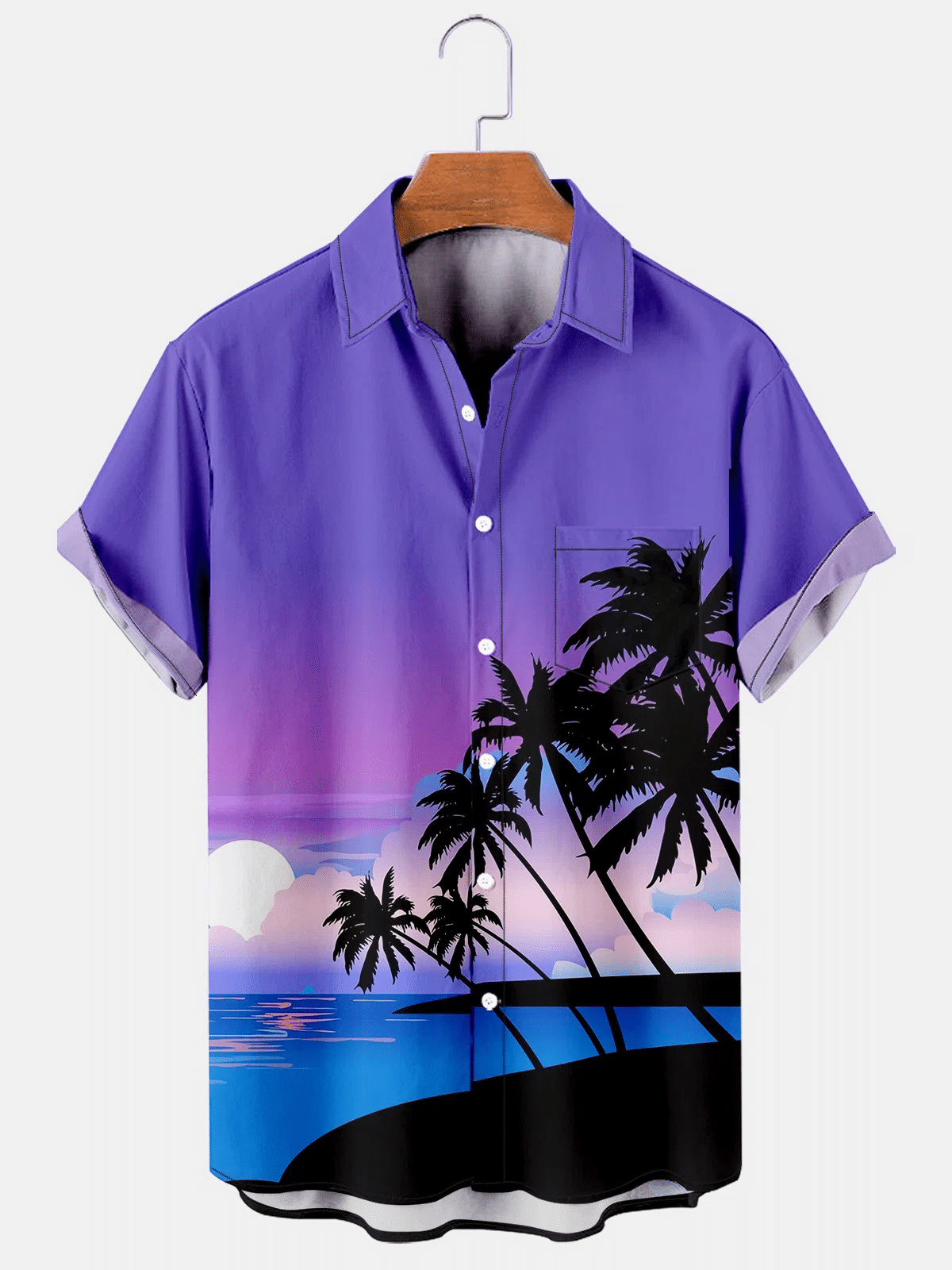 Mens Oahu Waikiki Beach Sunset Landscape Print Short Sleeve Hawaiian Shirt
