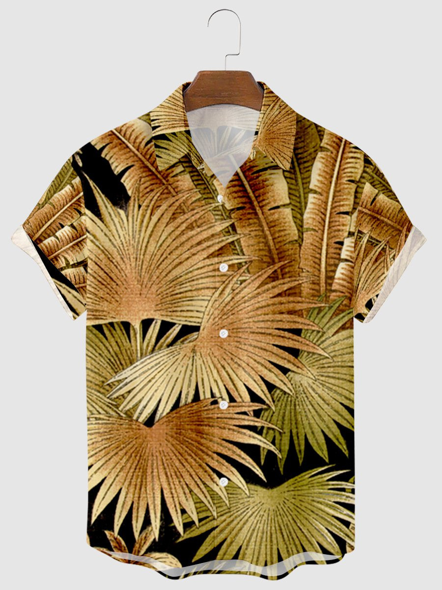 Mens Palm Leaf Print Lapel Casual Loose Short Sleeve Hawaiian Shirt