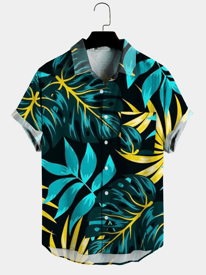 Mens Palm Leaf Print Pocket Lapel Casual Loose Short Sleeve Hawaiian Shirt