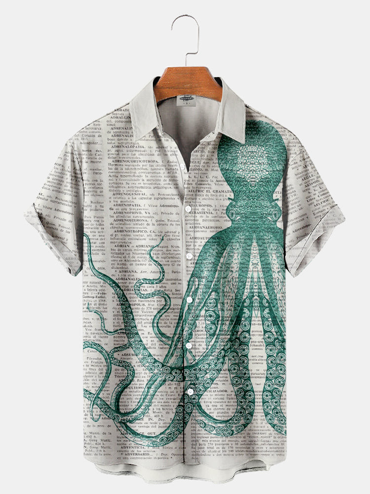 Mens Paper Octopus Print Hawaiian Shirt Summer Hawaiian
