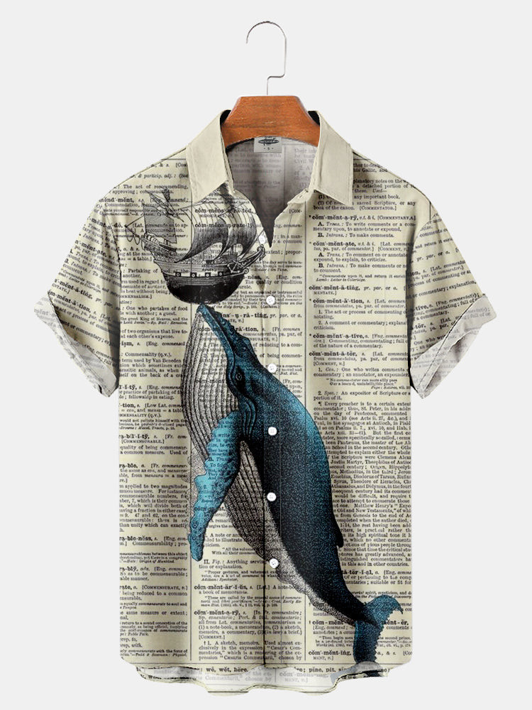 Mens Paper Whale Print Hawaiian Shirt Summer Hawaiian