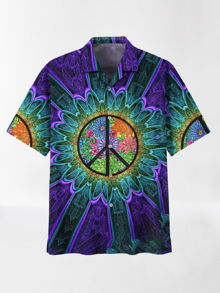 Mens PeaceLove Print Casual Breathable Short Sleeve Hawaiian Shirts