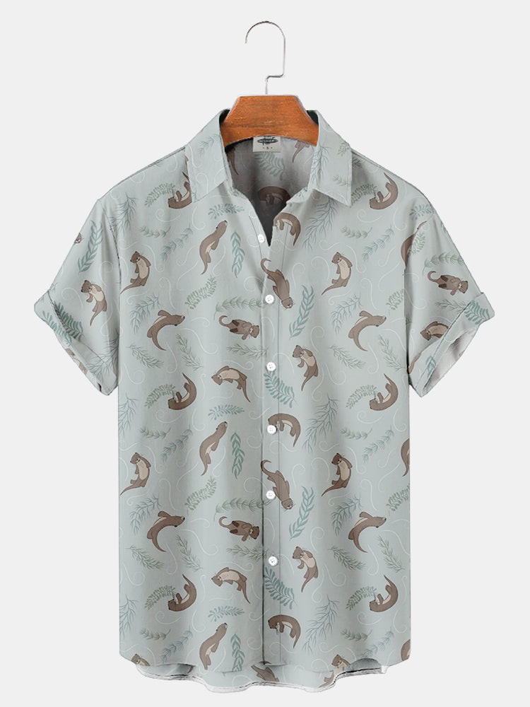 Mens Puffer Fish Print Hawaiian Shirt Summer Hawaiian