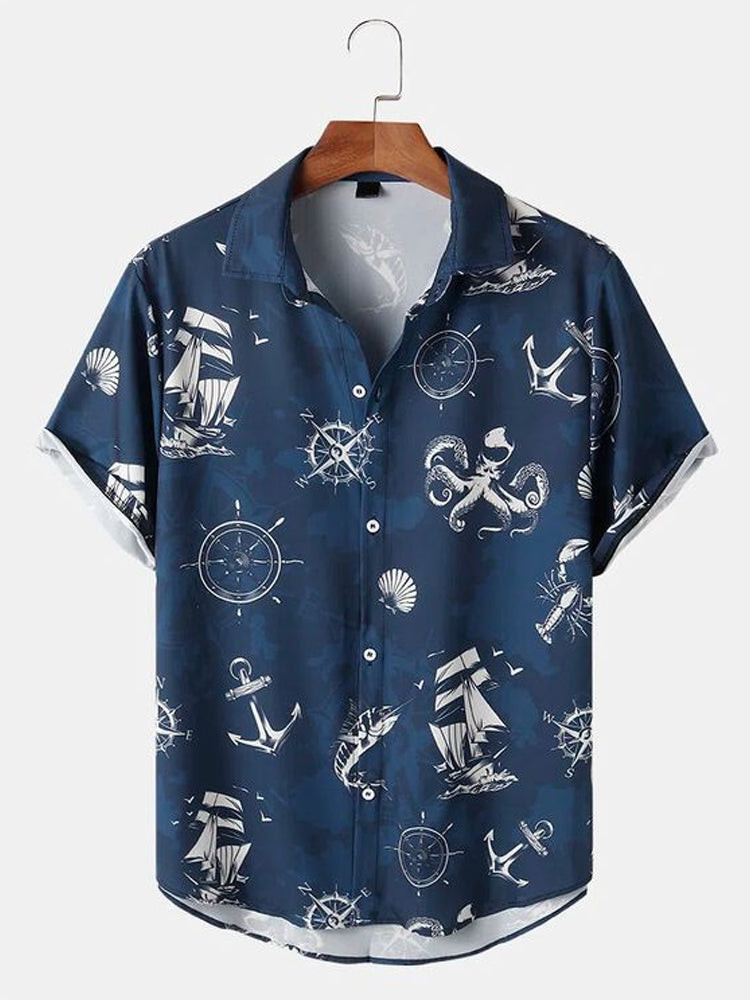 Mens Sailboat Animal Print Short Sleeve Curved Hem Hawaiian Shirt Summer Hawaiian