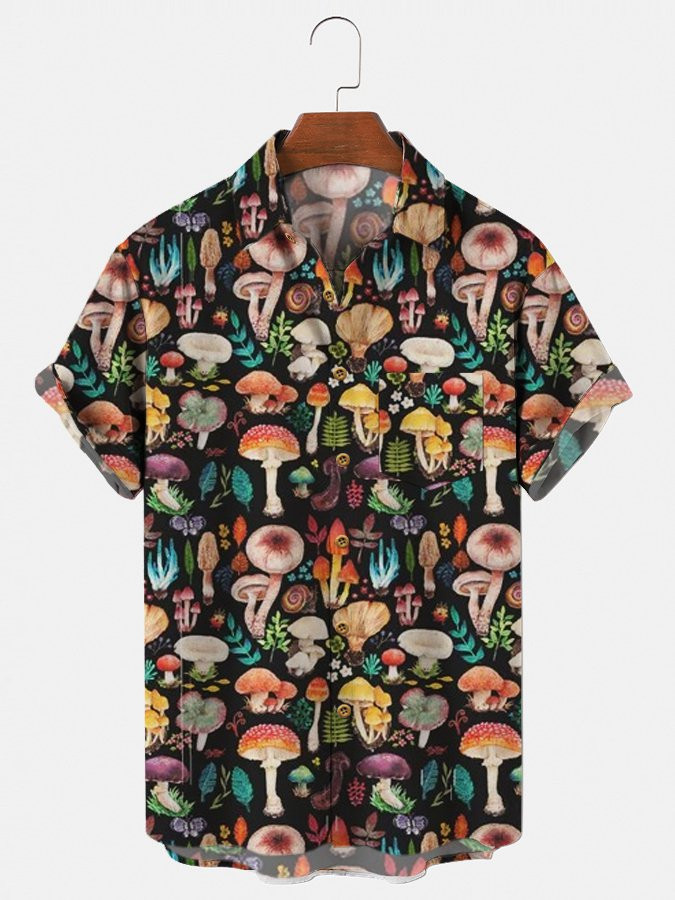 Mens Shirt Casual Button Down Short Sleeve Black Mushroom Plant Shirts Hawaiian Shirt for Men Women