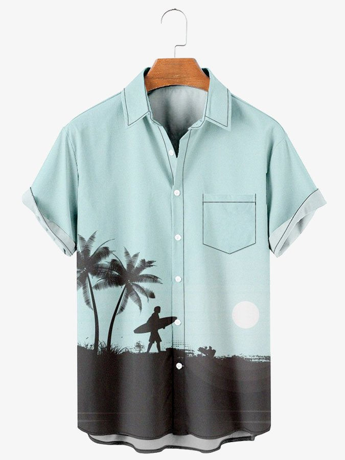 Mens Simple Coconut Surfing Blue Short Sleeve Cotton Blend Hawaiian Shirt