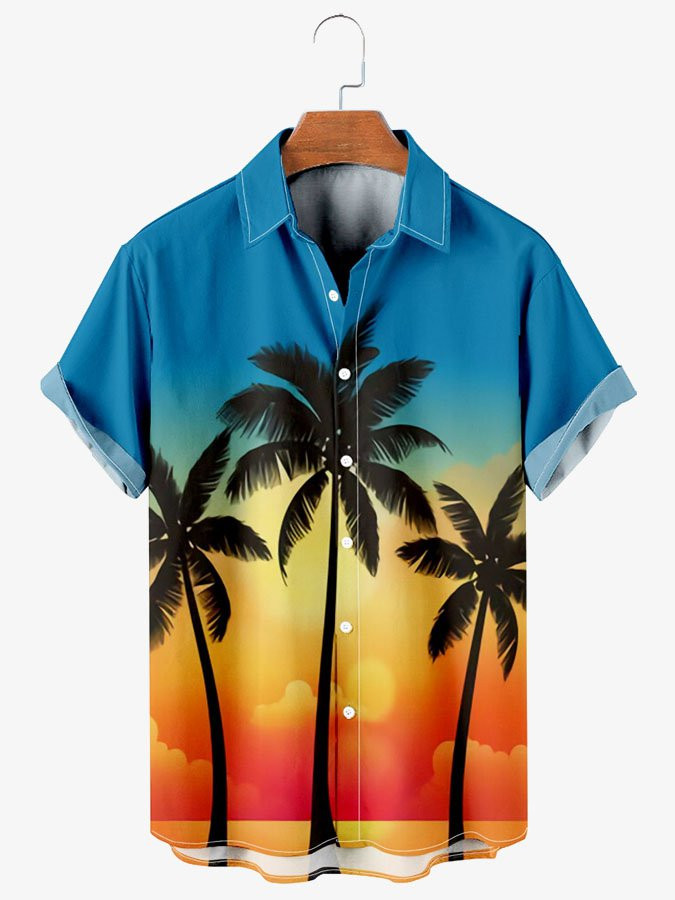 Mens Simple Sunset Beach Coconut Tree Gradient Short Sleeve Hawaiian Shirt