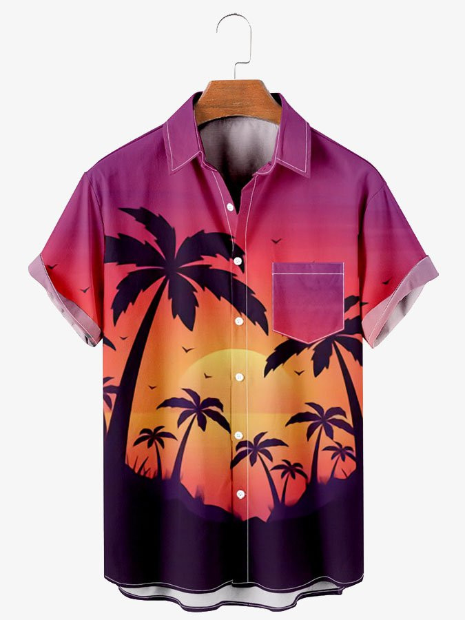 Mens Simple Sunset Coconut Tree Purple Cotton Blend Short Sleeve Hawaiian Shirt