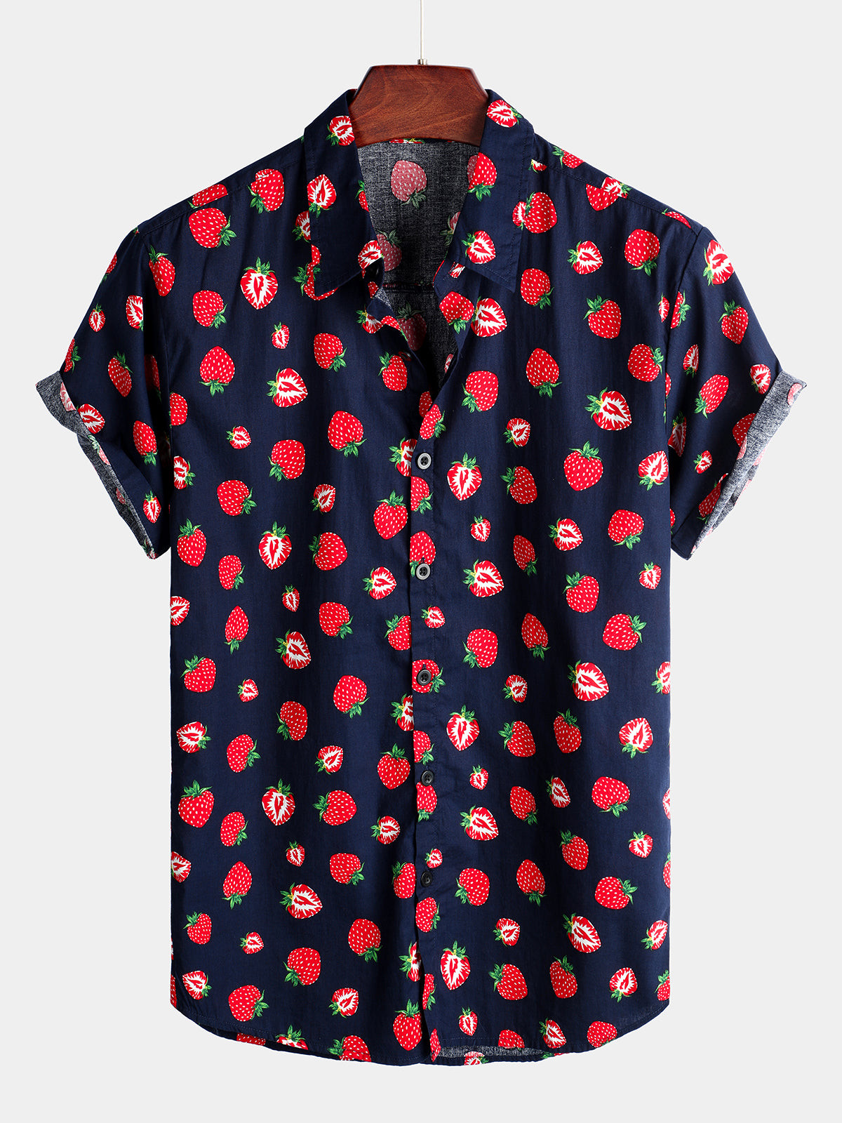 Mens Strawberry Print Hawaiian Short Sleeve Cotton Shirt