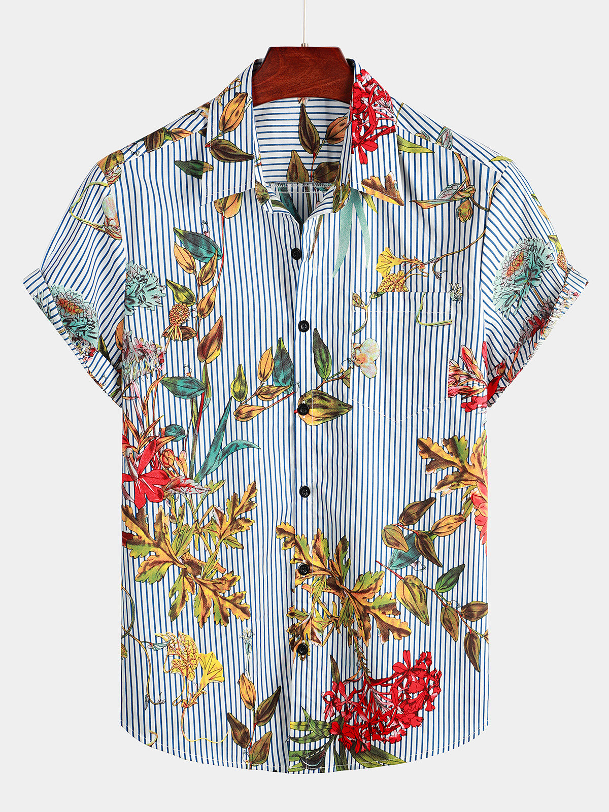 Mens Striped  Floral Print Short Sleeve Hawaiian Shirt