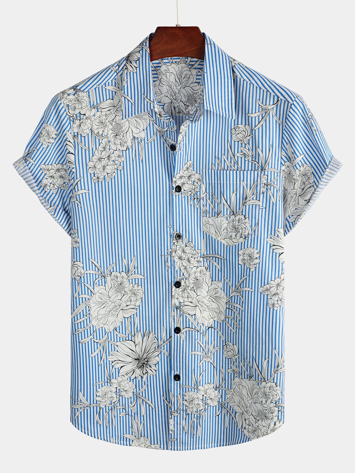 Mens Striped  Floral Print Short Sleeve Hawaiian Shirt