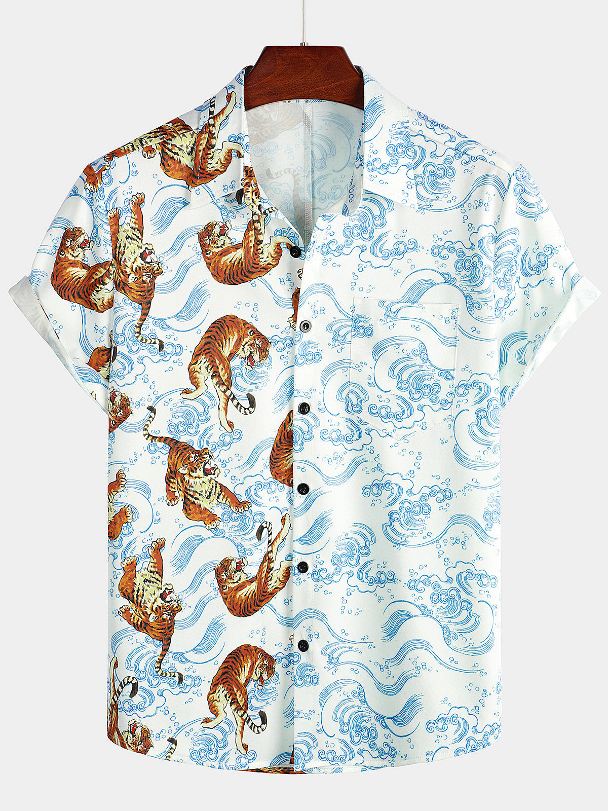 Mens Tiger Print Summer Pocket Short Sleeve Shirt Hawaiian Shirt for Men Women