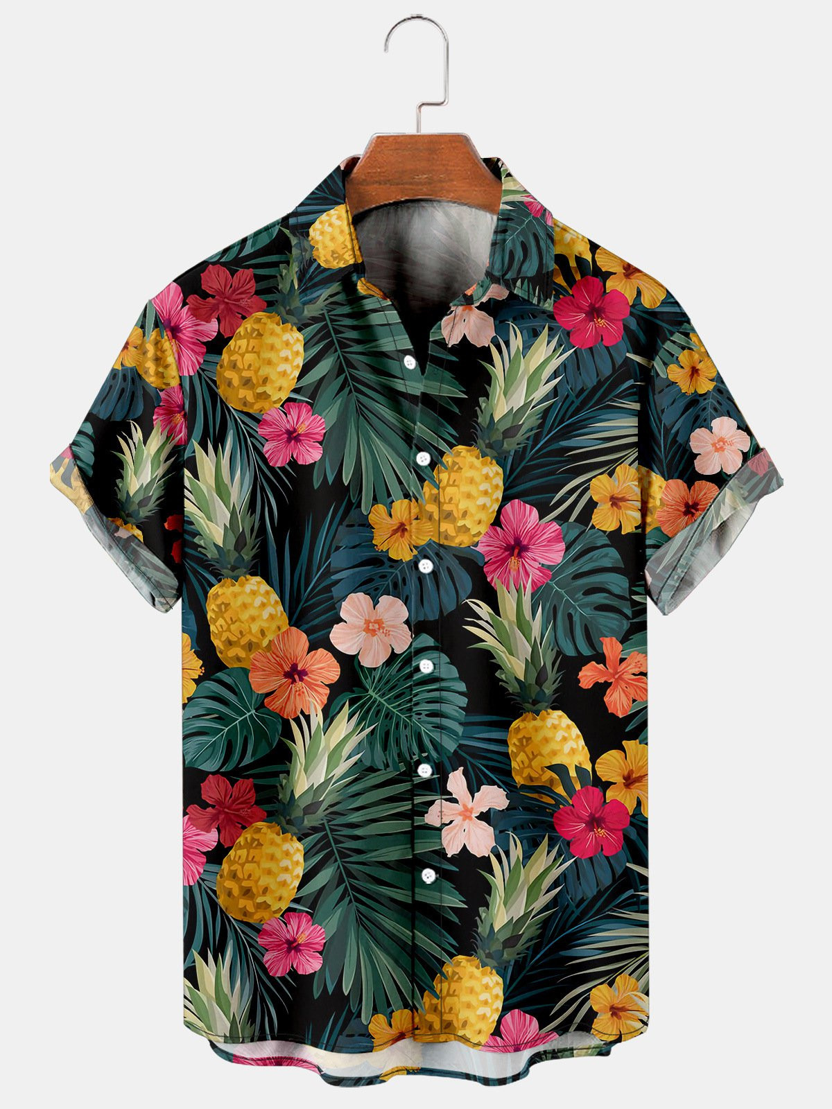 Mens Tropical Floral Pineapples Print Casual Breathable Short Sleeve Hawaiian Shirts