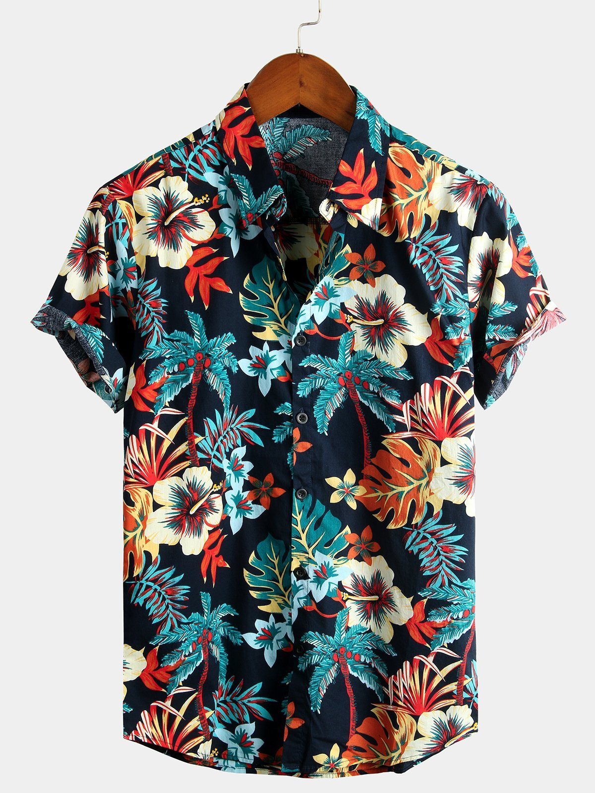 Mens Tropical Plant Hawaiian Floral Cotton Shirt