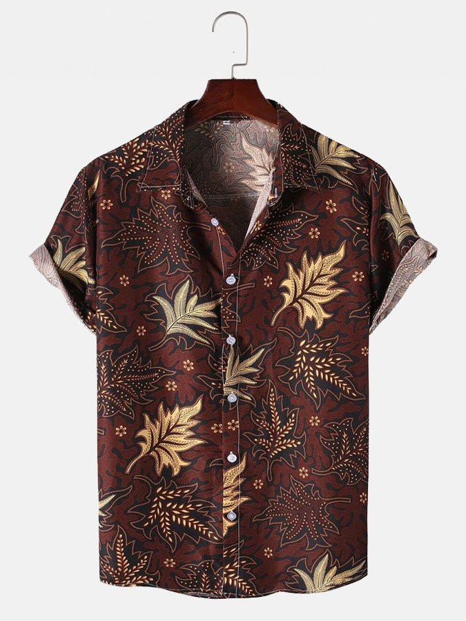 Mens Tropical Plant Leaf Print Short Sleeve Cotton Blend Hawaiian Shirt