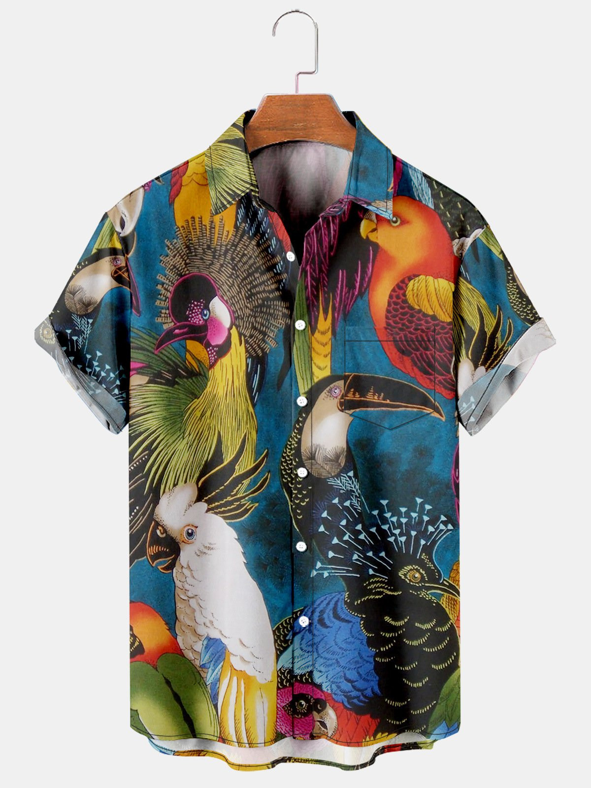 Mens Tropical Toco Toucan Parrots Print Casual Breathable Chest Pocket Short Sleeve Hawaiian Shirts