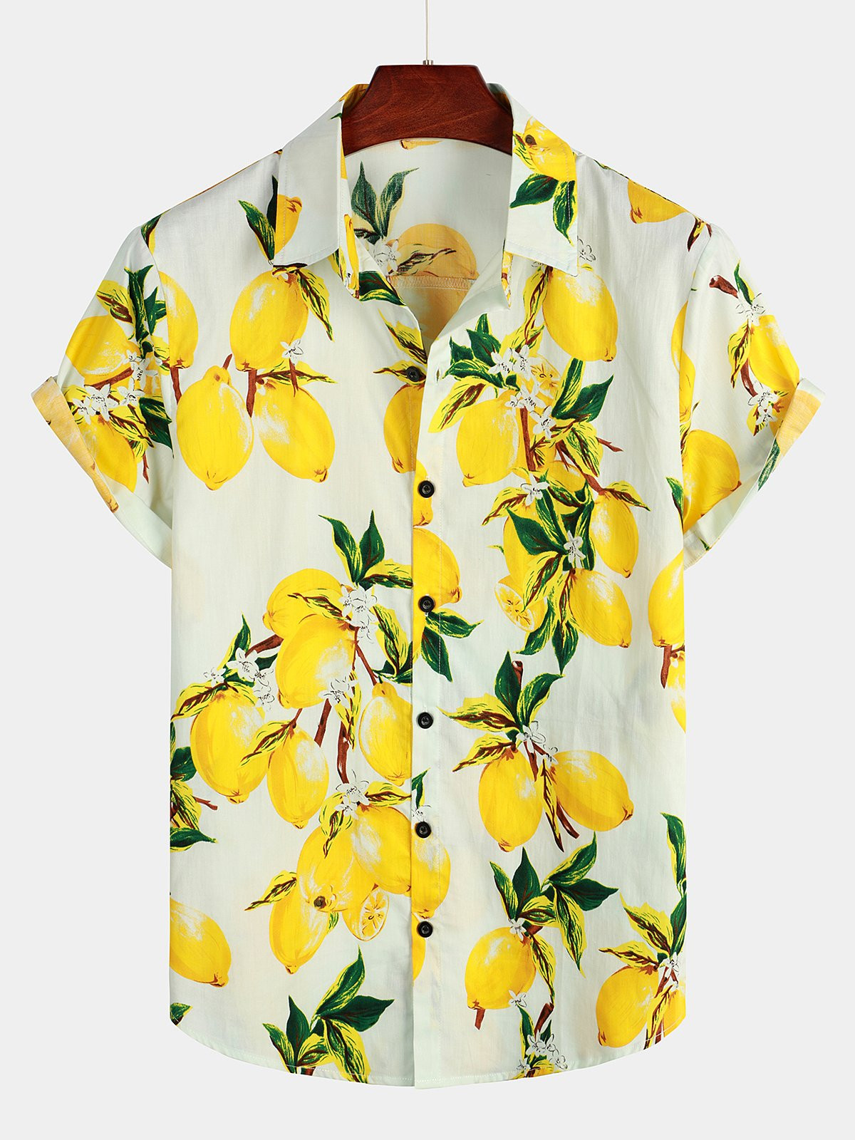 Mens Tropical Yellow Lemon Print Hawaiian Short Sleeve Shirt