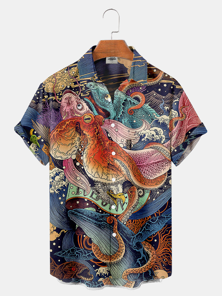 Mens Ukiyo-E Octopus Sea Life Print Hawaiian Shirt Summer Hawaiian