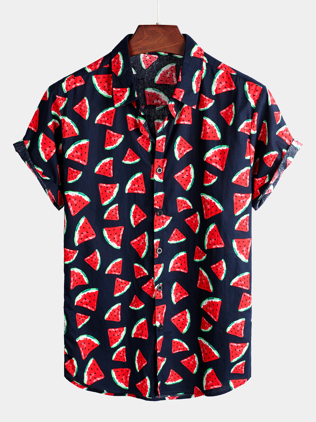 Mens Watermelon Tropical Hawaii Fruit Print Cotton Navy Blue Shirt Hawaiian Shirt for Men Women
