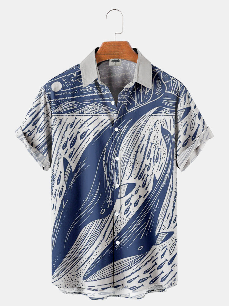 Mens Whale Print Hawaiian Shirt Summer Hawaiian