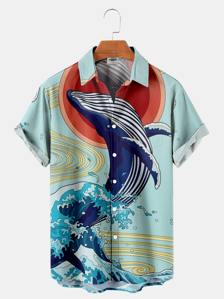 Mens Whale Print Hawaiian Shirt Summer Hawaiian