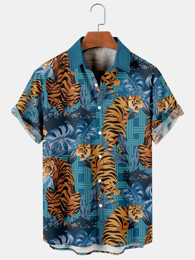 Mens waiian Shirt Casual Tropical Plants And Tiger Graphic Cotton Blend Short Sleeve Shirt Hawaiian Shirt for Men Women