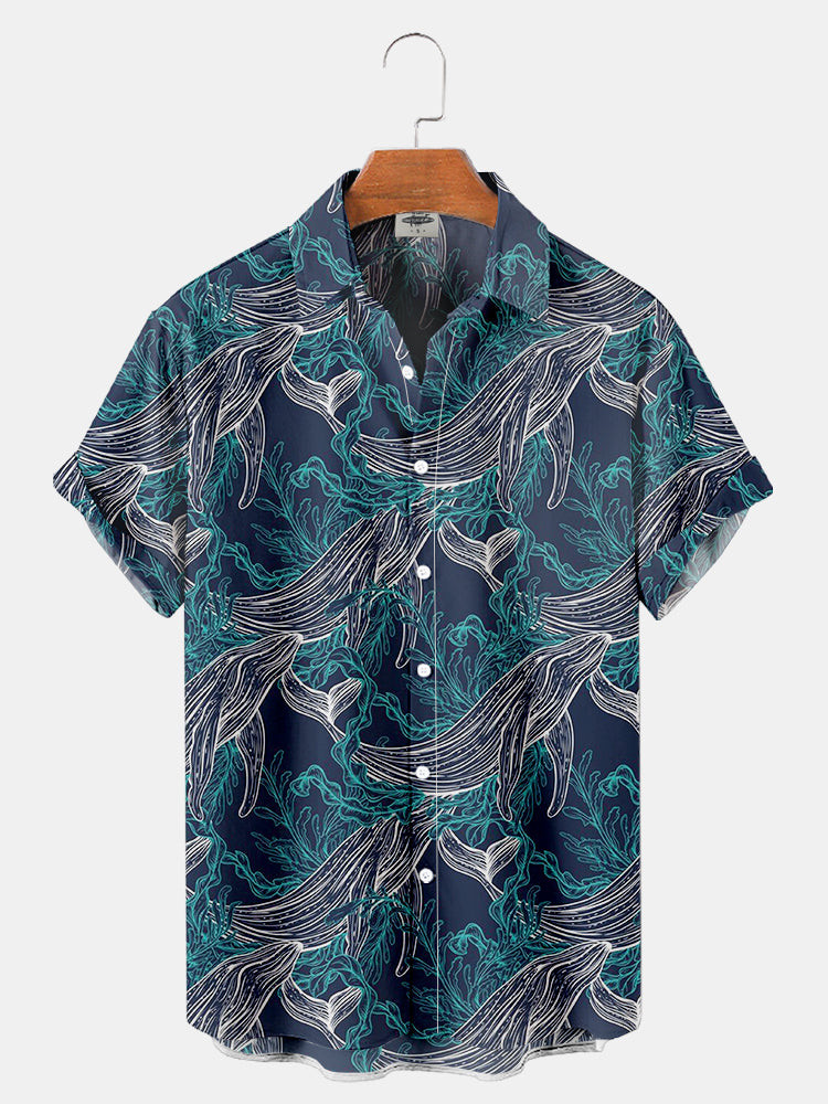 Mens whale and seaweed Print Hawaiian Shirt Summer Hawaiian