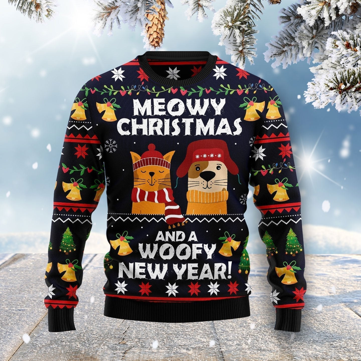 Meowy Christmas And Woofy New Year Ugly Christmas Sweater Ugly Sweater For Men Women