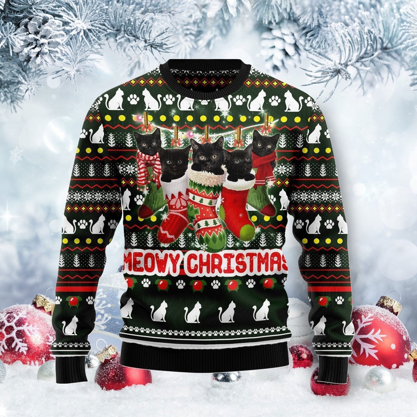 Meowy Christmas Black Cat Ugly Christmas Sweater Ugly Sweater For Men Women