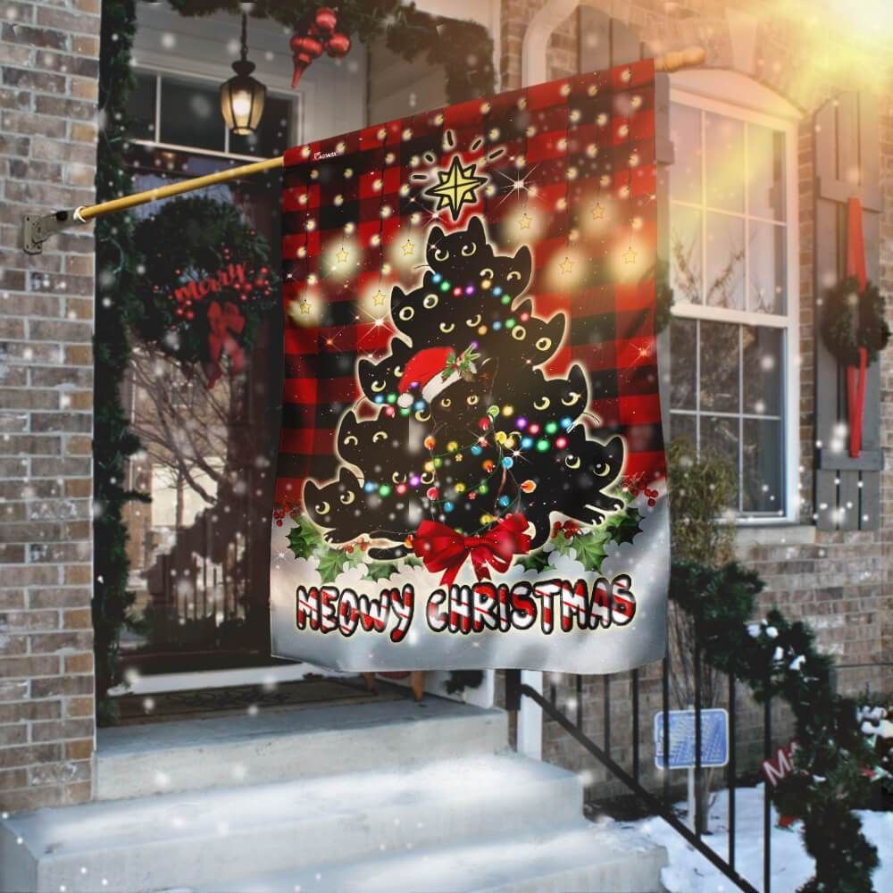 Meowy Christmas Tree Black Cat Merry Christmas Garden Flag House Flag