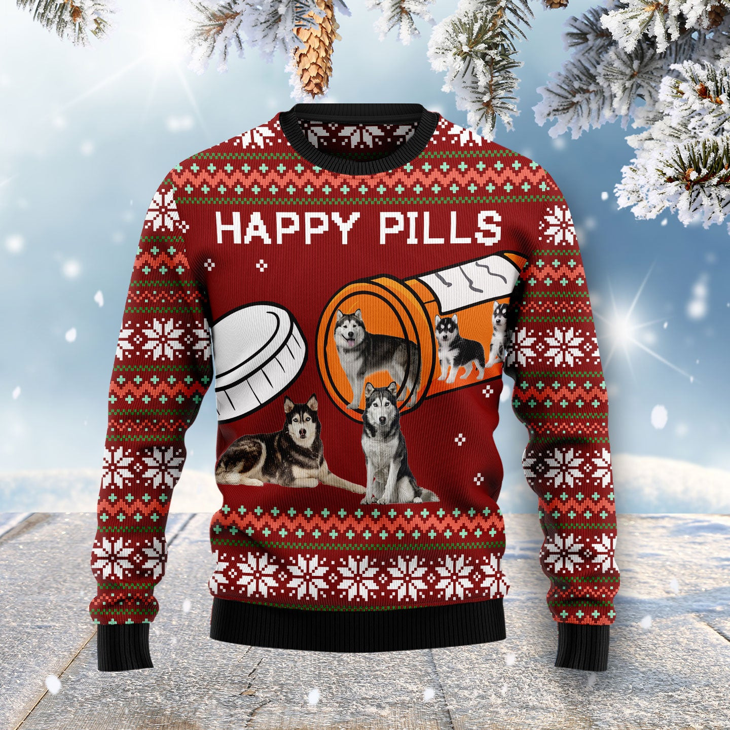 Merry Christmas Siberian Husky Happy Pills Ugly Christmas Sweater