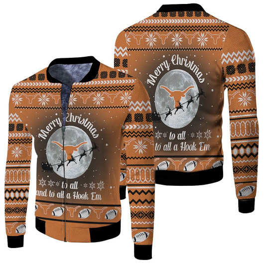 Merry Christmas To All And To All A Hook Em Texas Longhorns Ugly Christmas Fleece Bomber Jacket